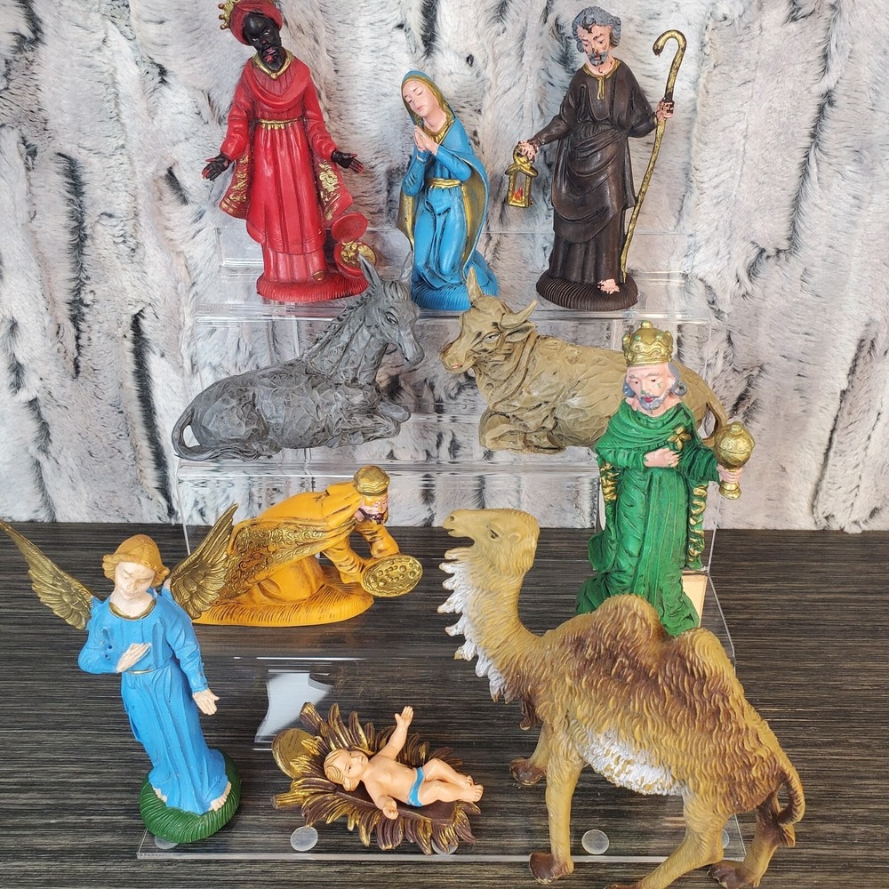 Vintage‎ Made In Italy Nativity 10 Piece Hard Plastic - Paint Wear - Christmas